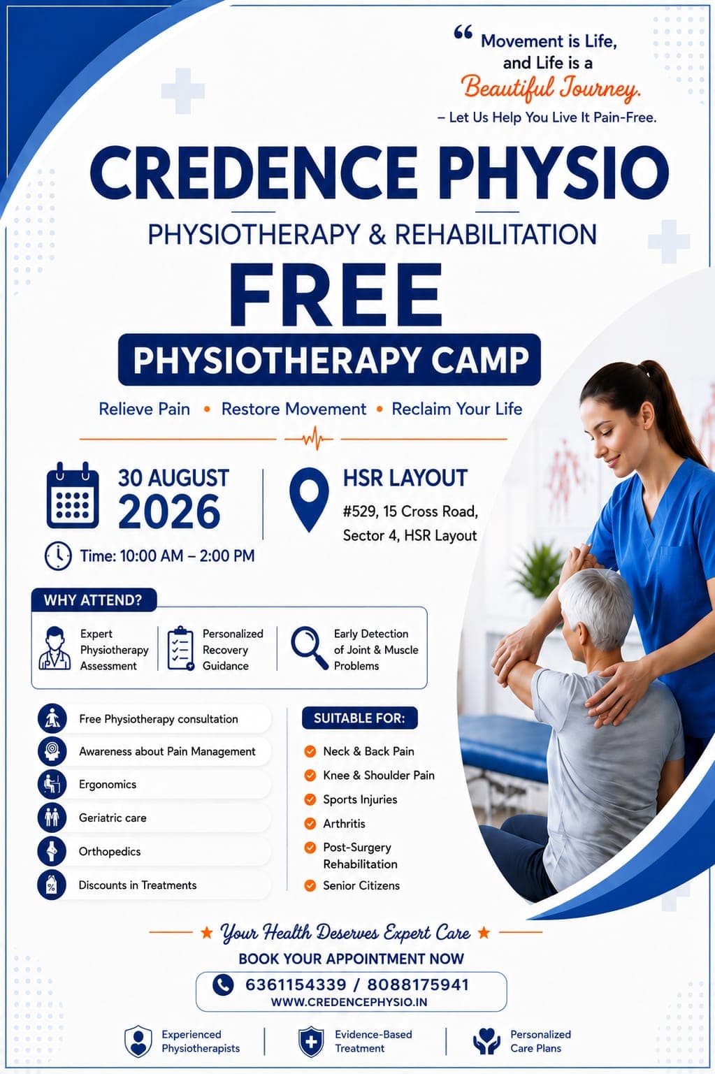 Free physiotherapy medical camp poster with details and contact information